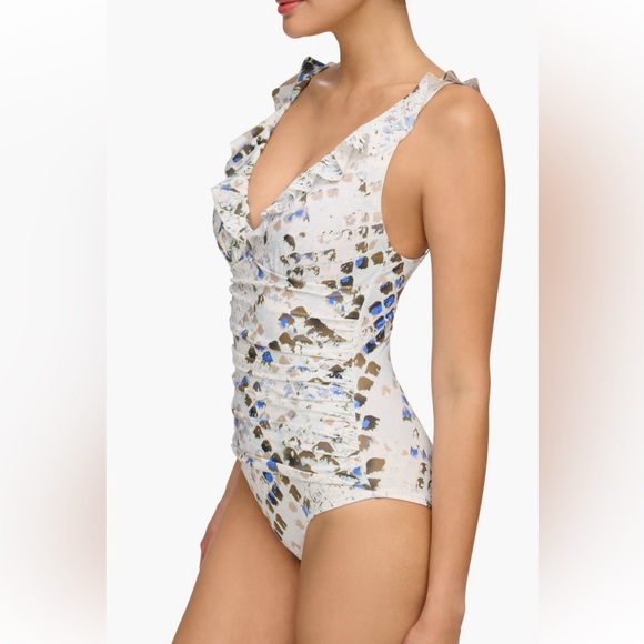 DKNY Ruffle Plunge Underwire Tummy Control One Piece Swimsuit White Swimwear - Picture 4 of 16